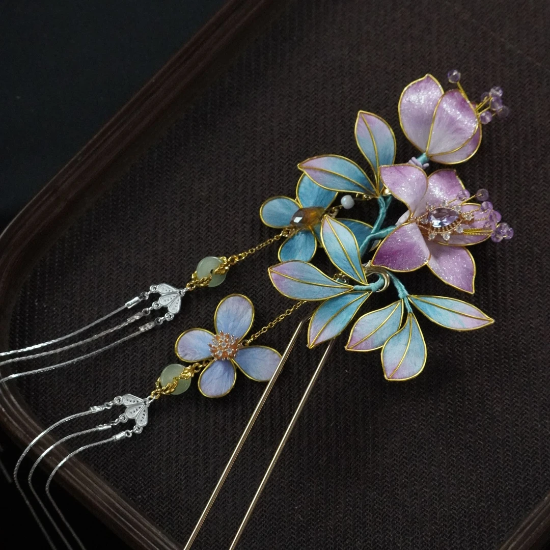 莲花仙子 紫粉U钗 非遗绒花发饰头饰花朵u型发簪古风簪子南京绒花