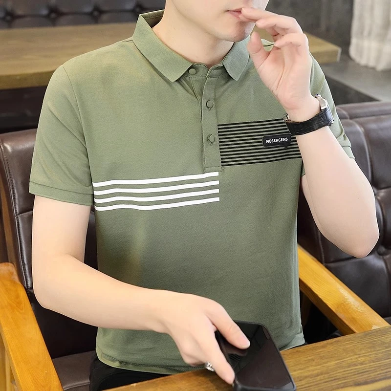 撞色条纹短袖t恤男士夏季潮牌薄款正肩半袖polo衫男款休闲上衣服