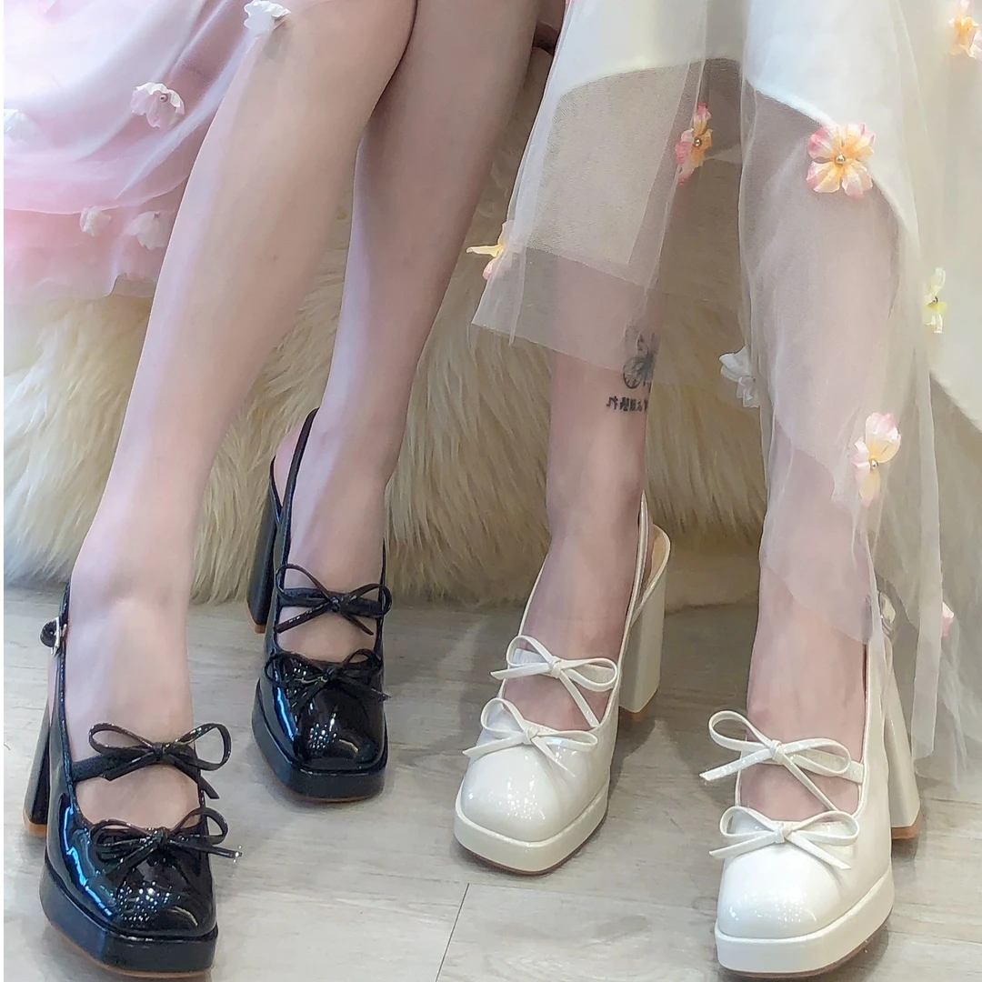 艾日秀法式轻奢包头拼色蝴蝶结后带松紧套脚百搭粗跟高跟鞋E9532