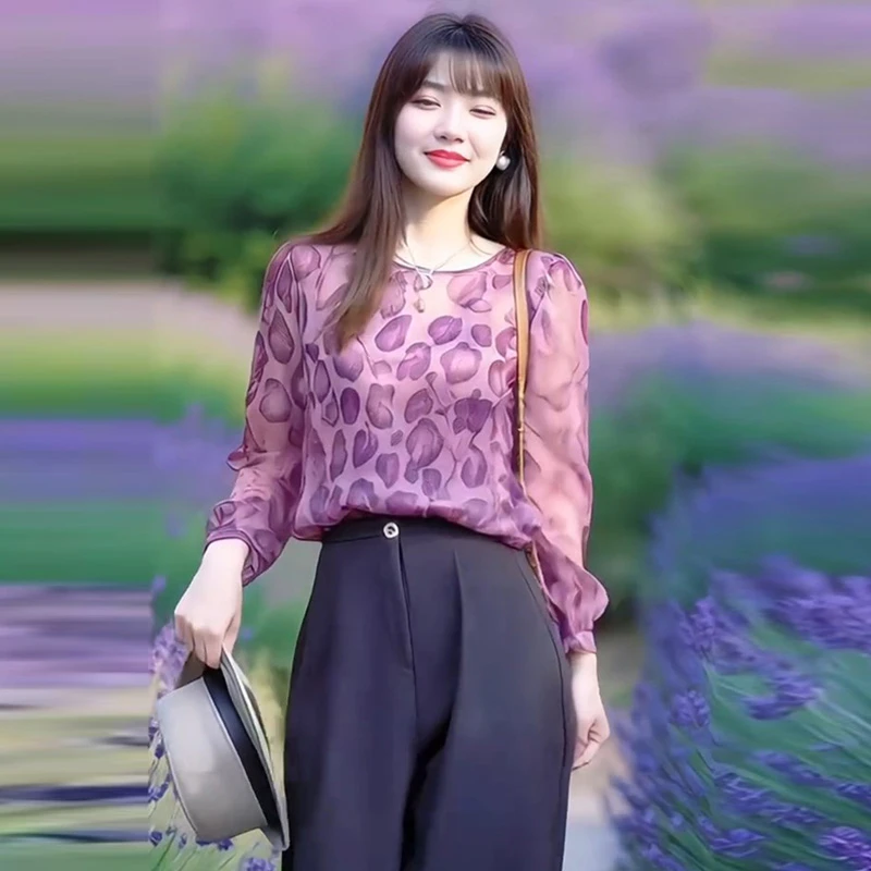 气质轻熟风紫色豹纹上衣2025夏季薄款显瘦百搭长袖复古防晒衬衫潮