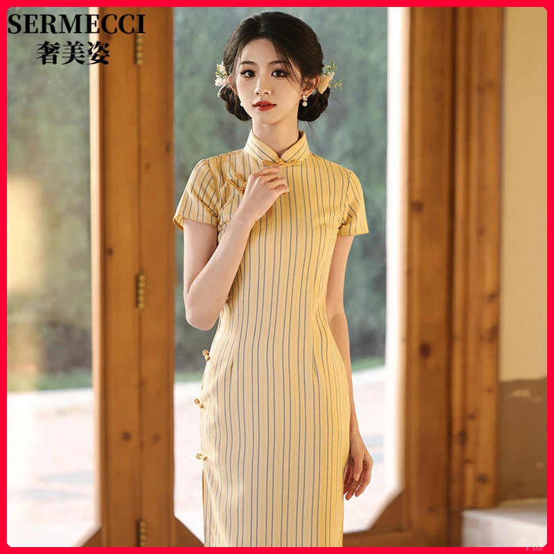 2025夏季新款年轻款复古国风改良平时可穿民国长款修身条纹女