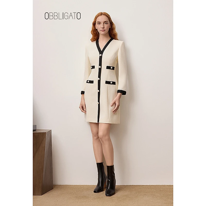 OBBLIGATO奥丽嘉朵1C65305310专供2025秋季新品小香风钉珠连衣裙