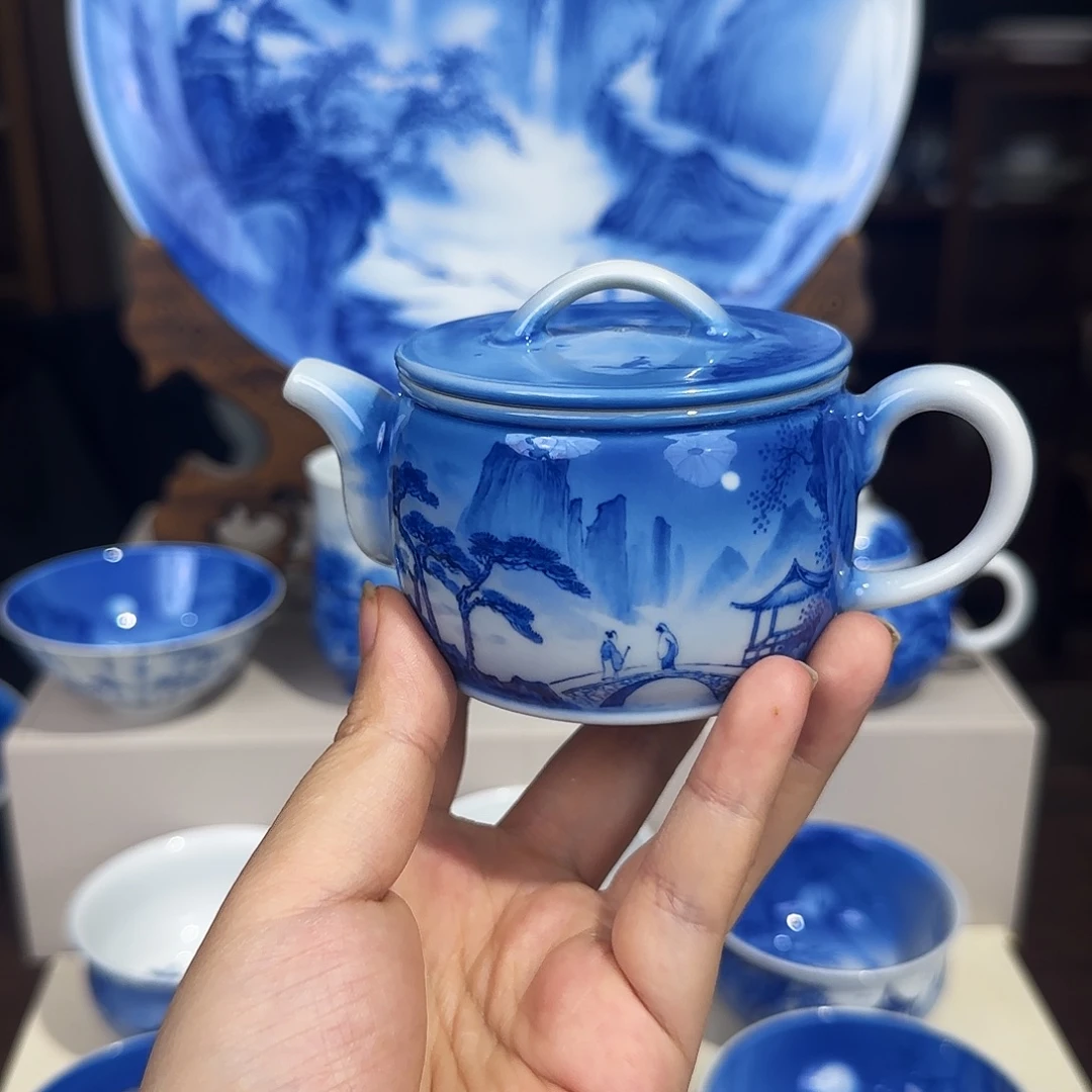 路***远青花山水夜景壶壶