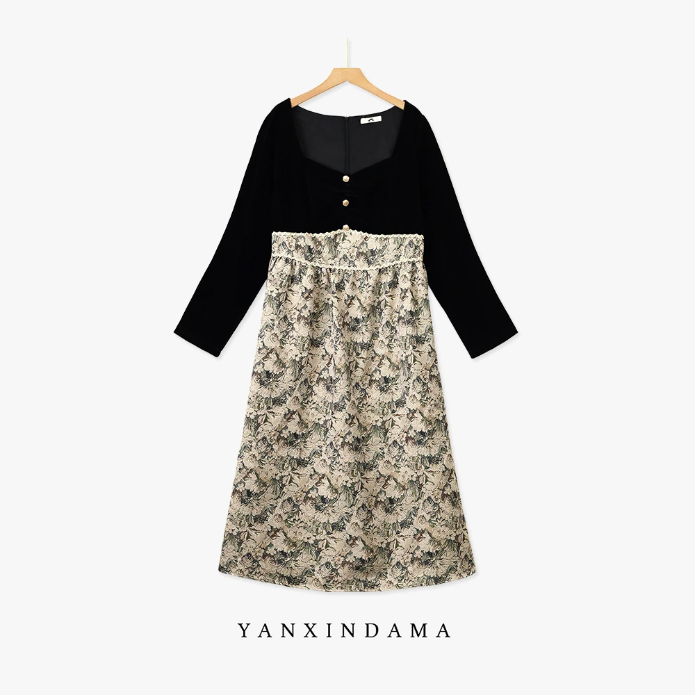 大码女装300斤胖MM复古设计感碎花拼接长袖连衣裙66463