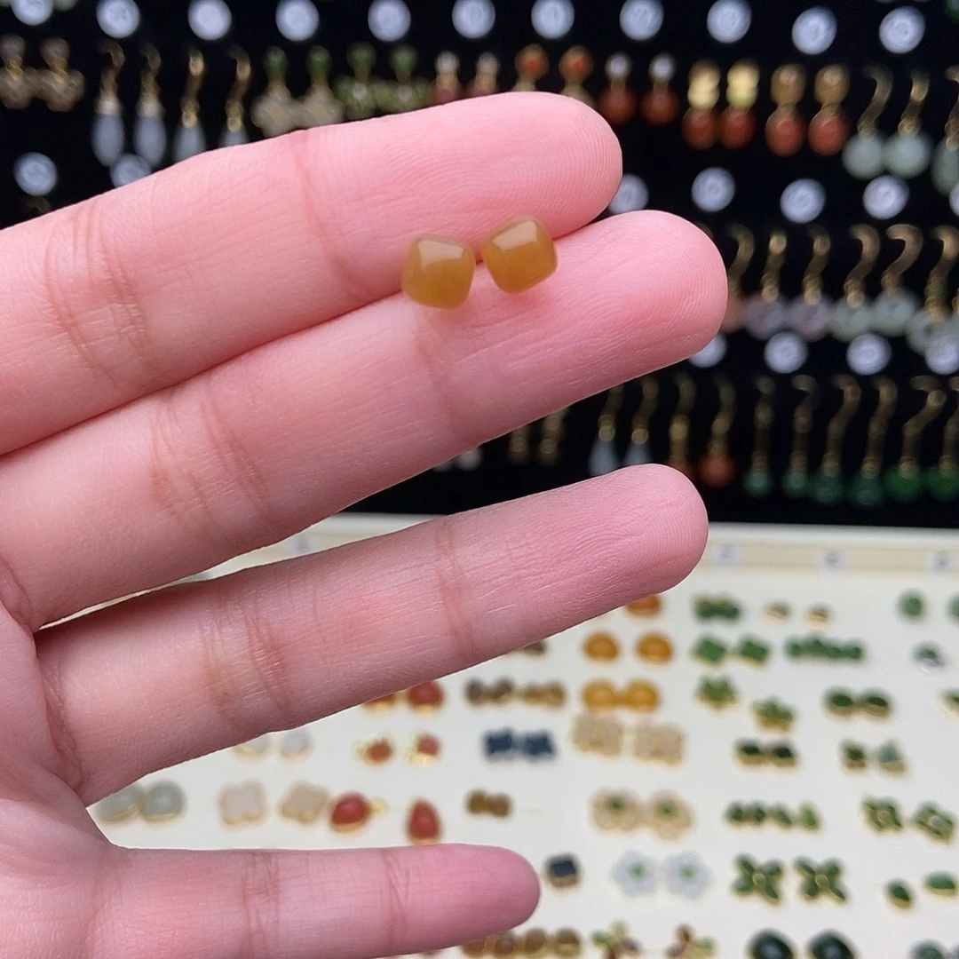 和田玉银S925镀金镶嵌耳饰