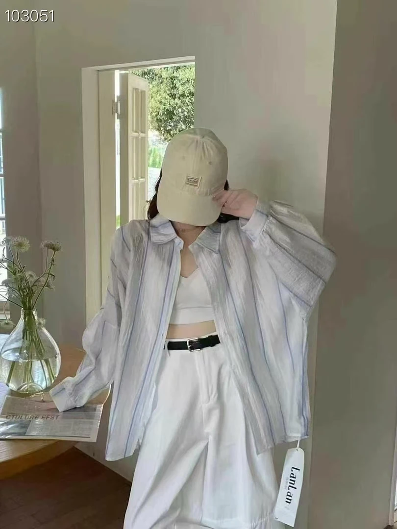 韩版夏季oversize宽松条纹衬衫原宿风休闲外套上衣防晒衣女衬衣
