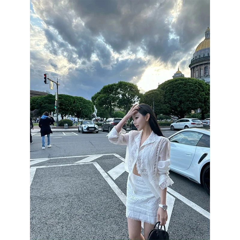 2025夏季新款纯欲辣妹风镂空蕾丝衬衫长袖+镂空包臂半裙时尚套装