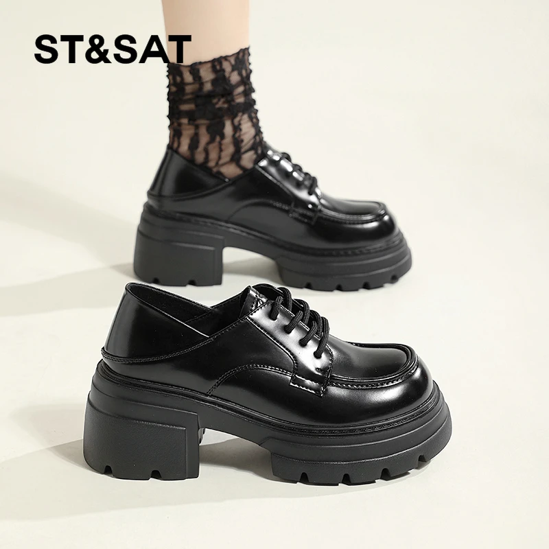 星期六厚底黑色小皮鞋女2025新款春秋英伦风粗跟增高圆头乐福单鞋