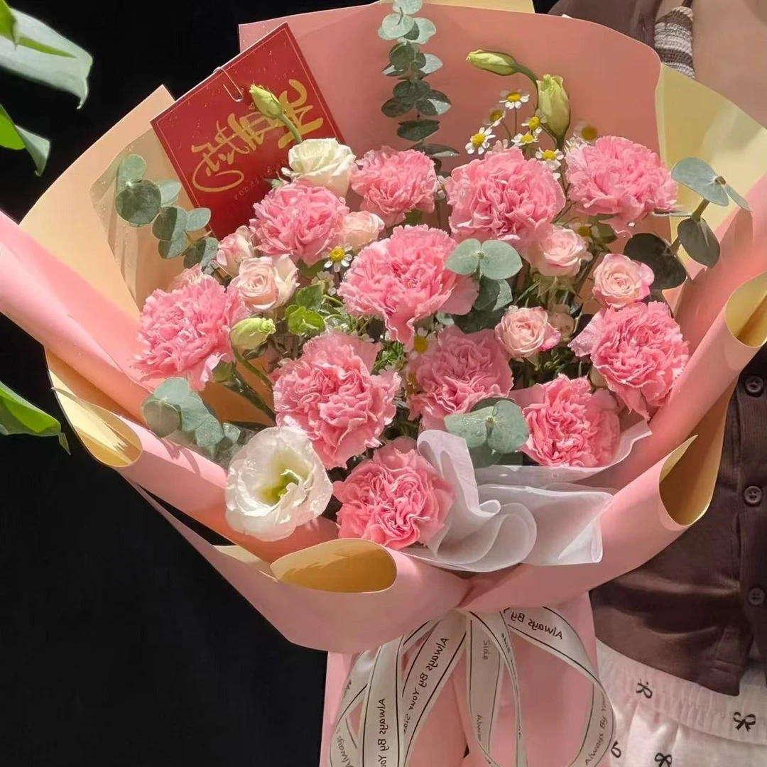 时光温柔／11朵粉色康乃馨搭配尤加利桔梗送妈妈长辈探望病人母亲节送长辈问候花束