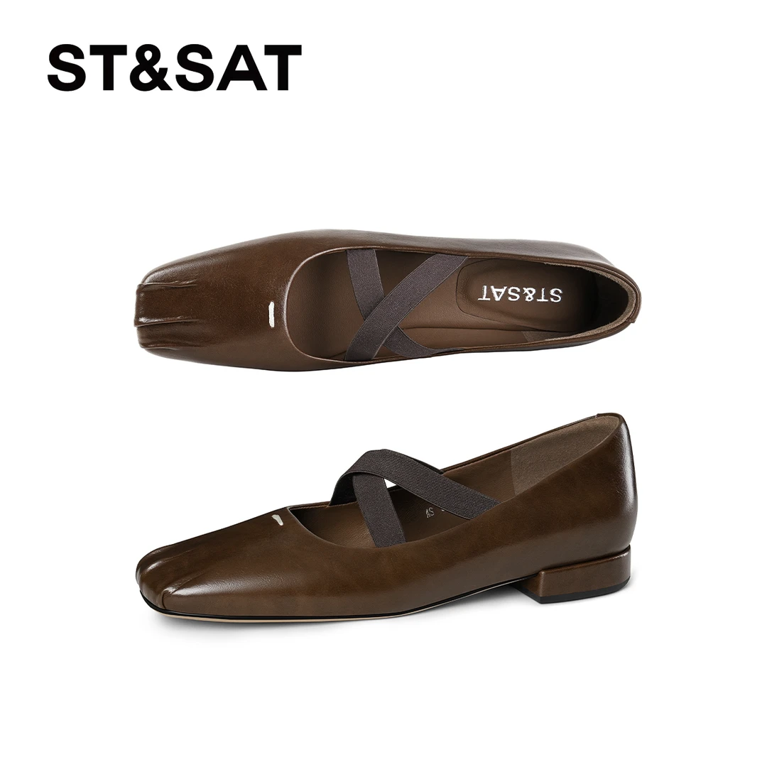 St&Sat/星期六浅口时尚粗跟方头复古纯色单鞋舒适休闲低跟女鞋