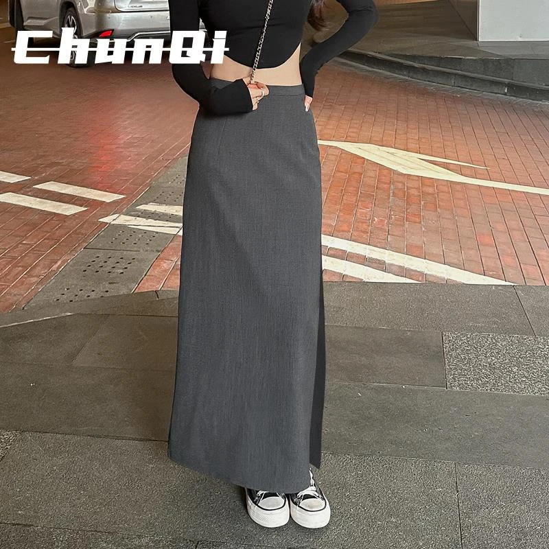 淳启灰色西装垂感半身裙开叉长裙女夏季薄款黑色高腰直筒裙一步裙