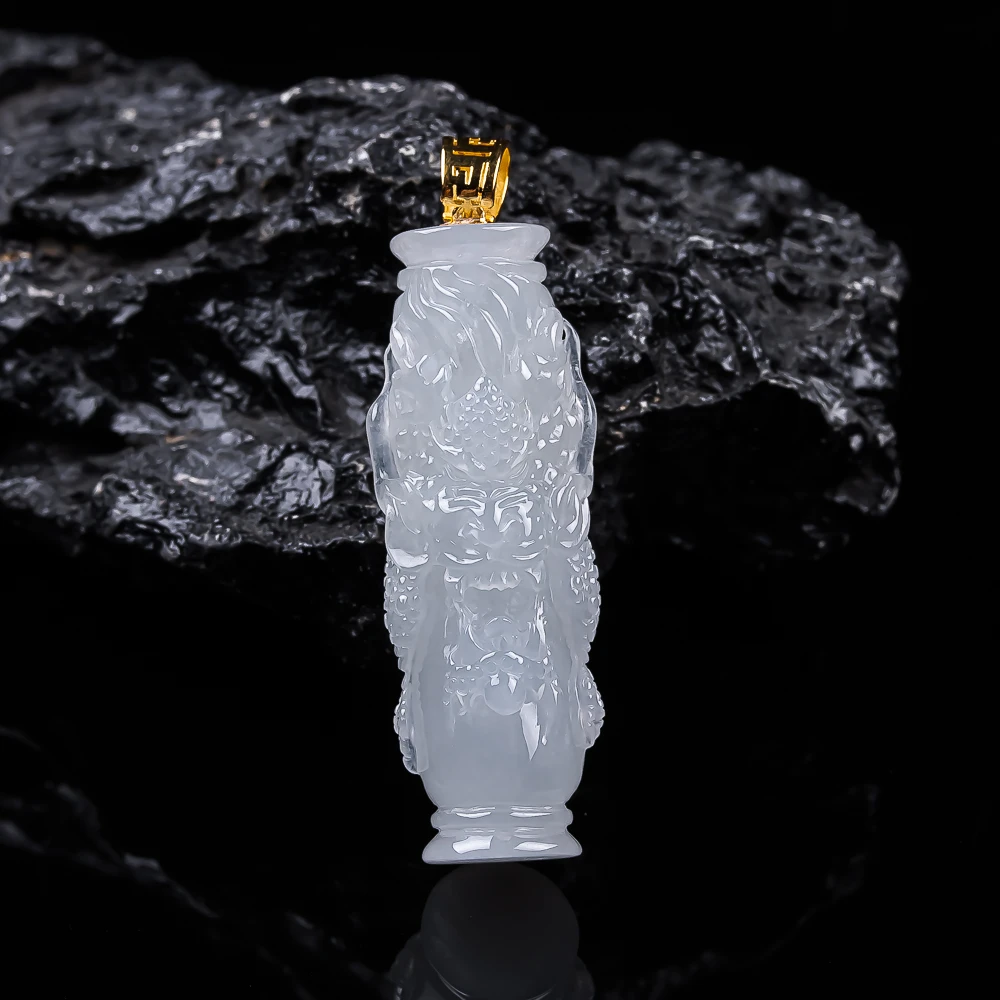 缅甸天然翡翠18k金镶嵌冰种精雕龙牌龙柱盘龙柱吊坠