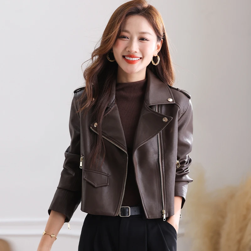 咖色皮衣外套女短款秋冬新款加绒加厚pu皮夹克上衣小个子时尚洋气
