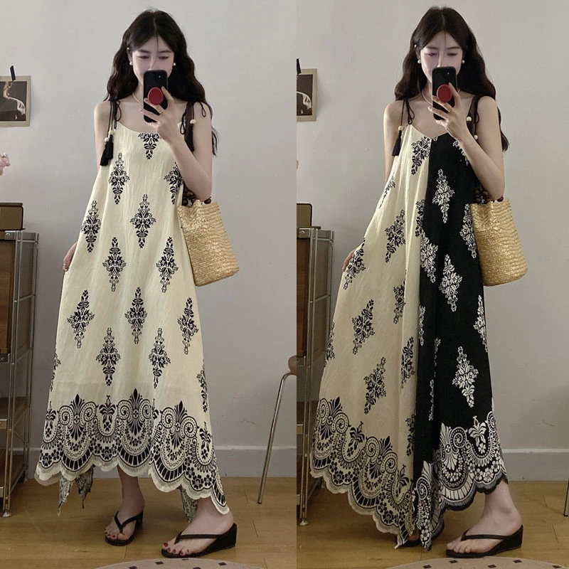 复古高级感度假风两面穿撞色连衣裙女夏季大码胖mm显瘦大摆吊带裙