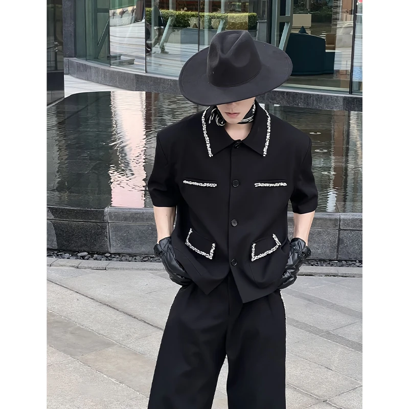 小众轻奢小香风短款男士夏季黑色水钻短袖西服外套潮流高级感