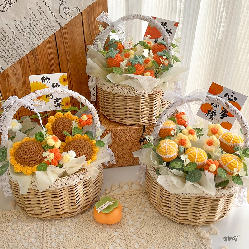田园风针织手提花篮成品实用礼品创意手工毛线花生日礼物送女生