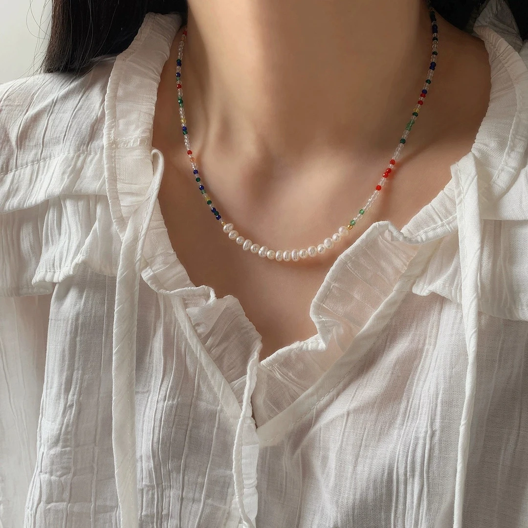 十里间直【花园】法式复古彩色串珠项链女S925银淡水珍珠颈链