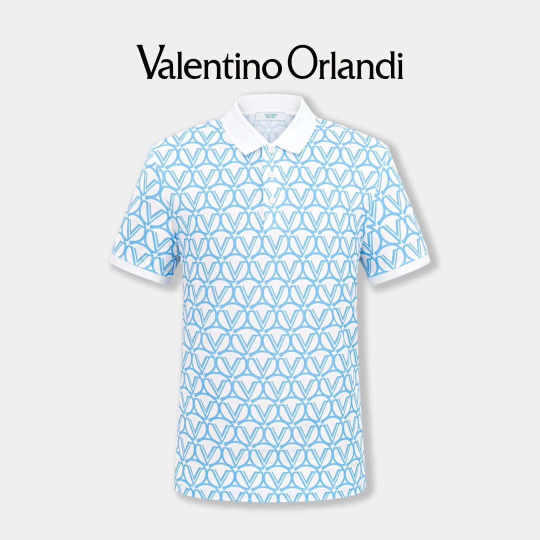 Valentino orlandi男士夏季时尚百搭透气满印logo老花短袖polo衫