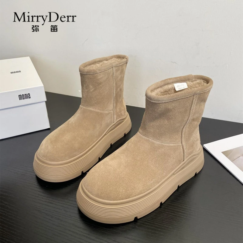 牛皮厚底雪地靴女2025冬季新款美拉德羔毛保暖套筒防滑短筒棉靴