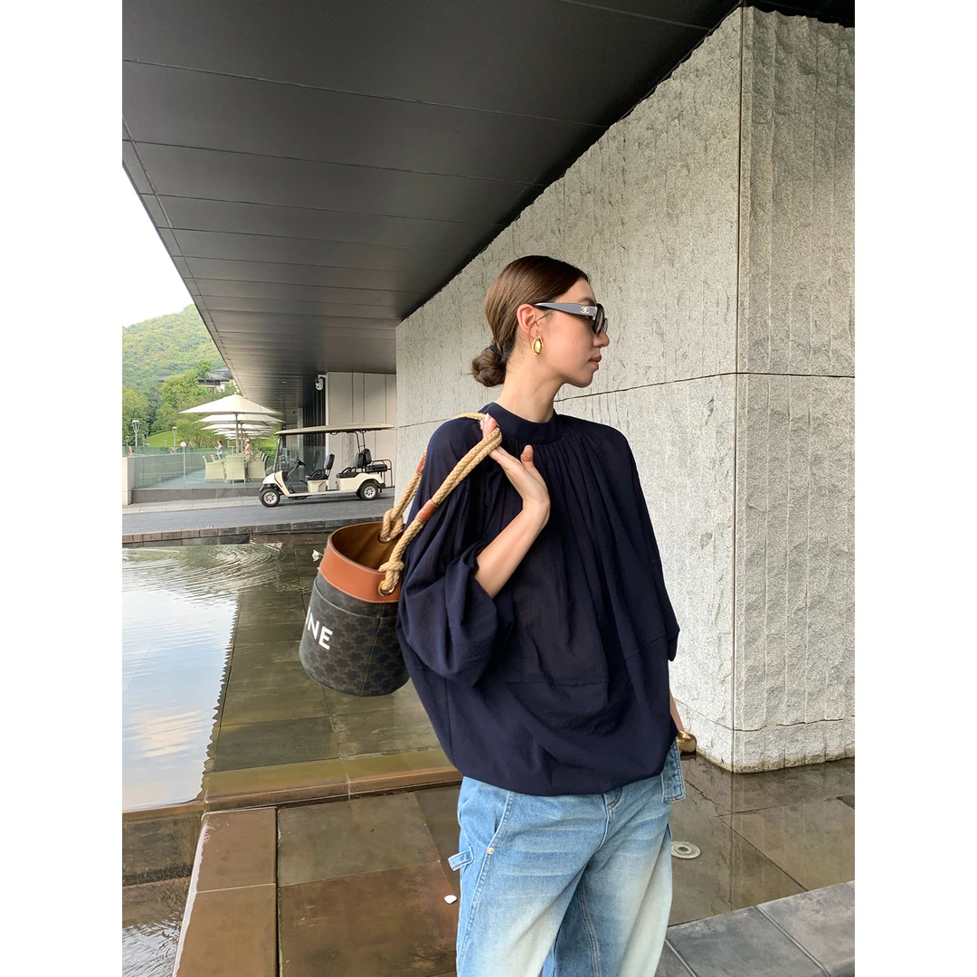 Gakee【远山青理】藏青色宽松100棉衬衫松弛长袖防晒衫X35808GK52