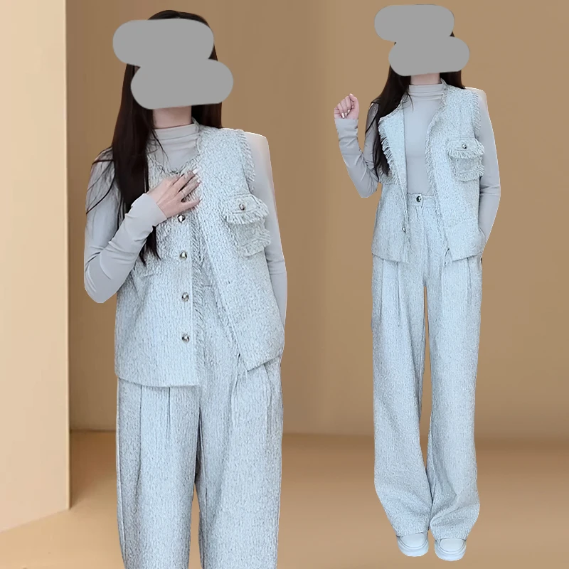 法式高级感小香风女2025春秋新款设计感长袖T恤马甲阔腿裤三件套