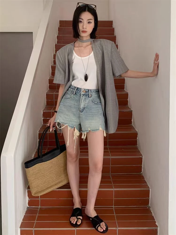 M.Duo【67035】2025夏季时尚百搭显瘦毛边牛仔短裤