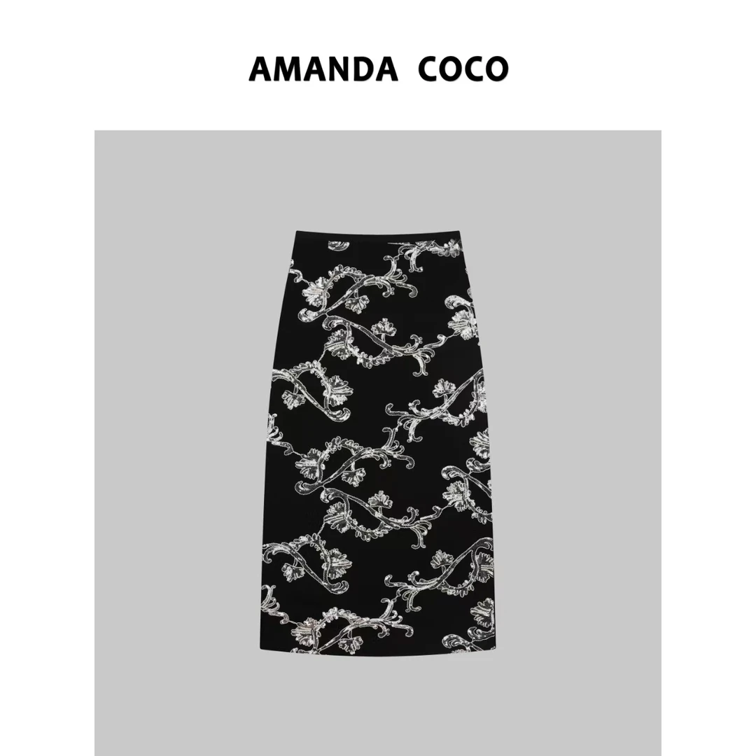 AMANDACOCO | 鎏金岁月～春夏重工亮片刺绣气质优雅开叉半身