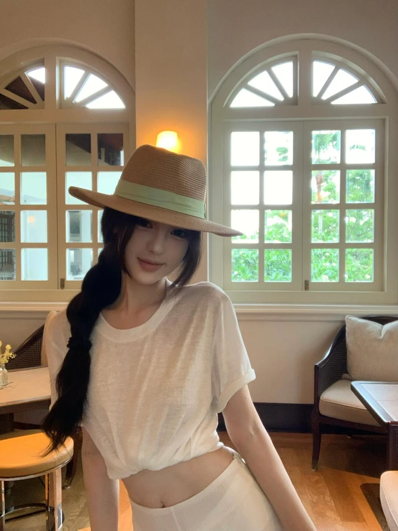 极简休闲显瘦修身短款T恤薄款短袖上衣高腰显瘦宽松飘逸长裙套装