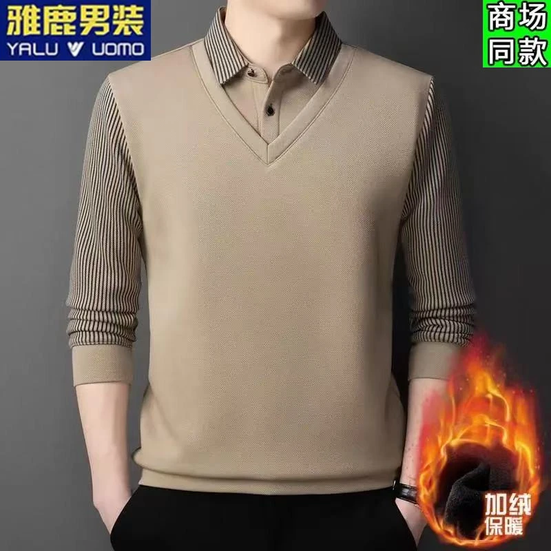 雅鹿男装加绒加厚长袖T恤冬季男士假两件翻领polo休闲保暖衣体恤1