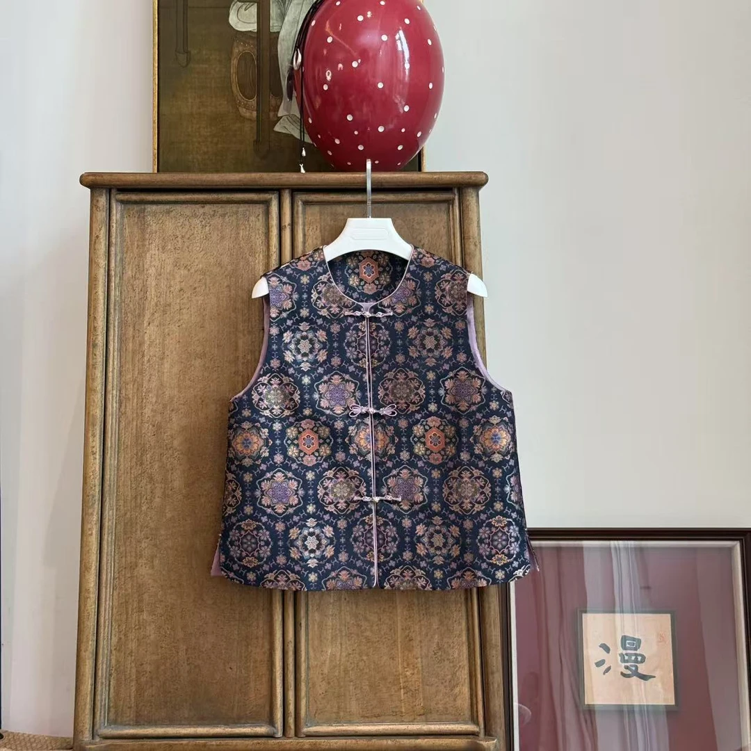 MYL 2025夏季新品陆美瑛彩麟宝相花藏青色马甲圆领无袖对襟马夹