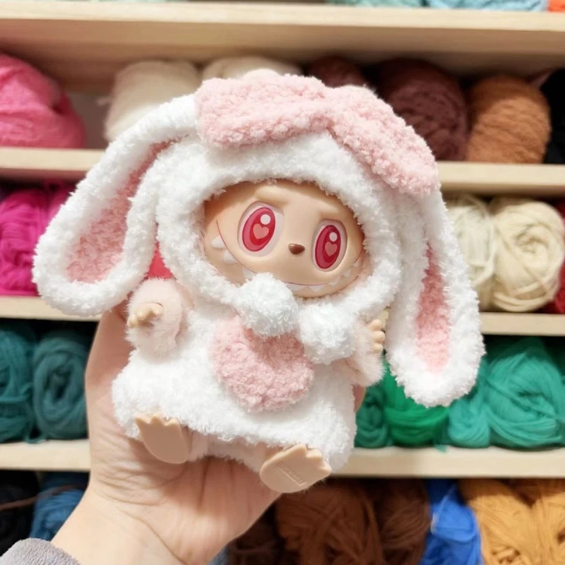 实拍手工编织兔子二代坐坐Labubu搪胶娃衣公仔套装拉布冬日穿搭