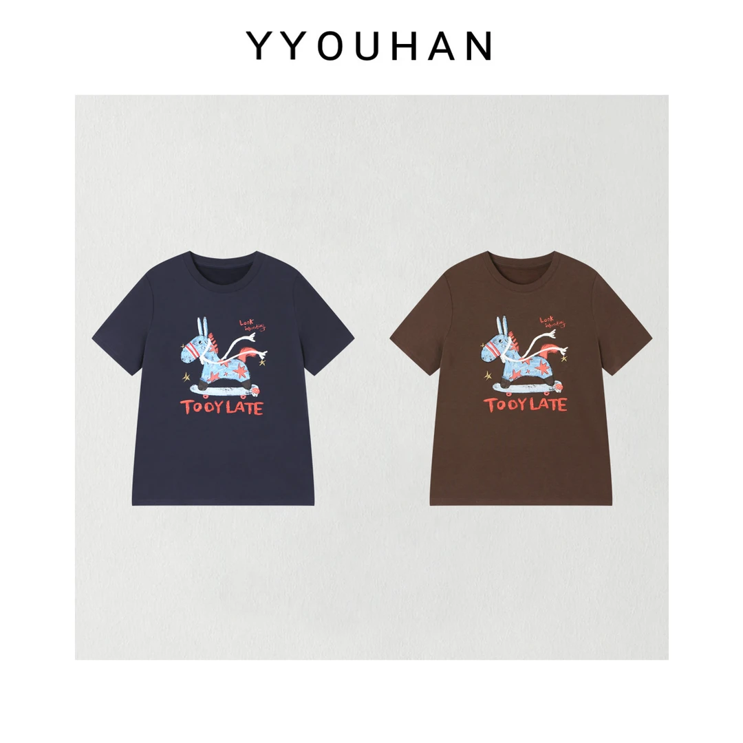 月月 小众设计极简风卡通蓝色飞马显瘦百搭短袖t恤 2512C8929