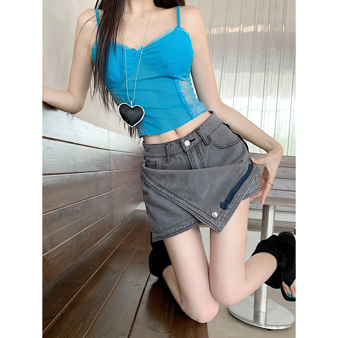 实拍实价 水洗做旧牛仔显瘦高腰裙裤性感辣妹设计包臀不规则短裙