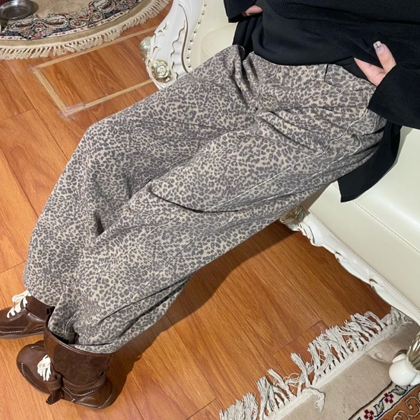 复古做旧豹纹高腰直筒阔腿长款镰刀牛仔裤女时尚百搭