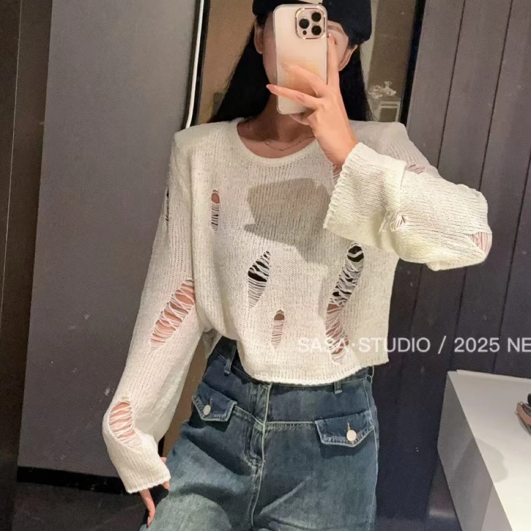 镂空女长袖拼接破洞条纹毛针织衫常规短款圆领不起球