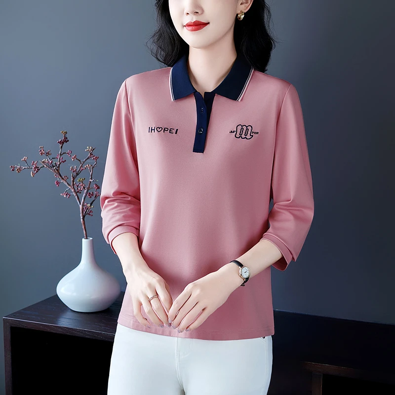 长袖t恤女春秋妈妈装宽松显瘦打底Polo衫2025中年休闲翻领上衣女