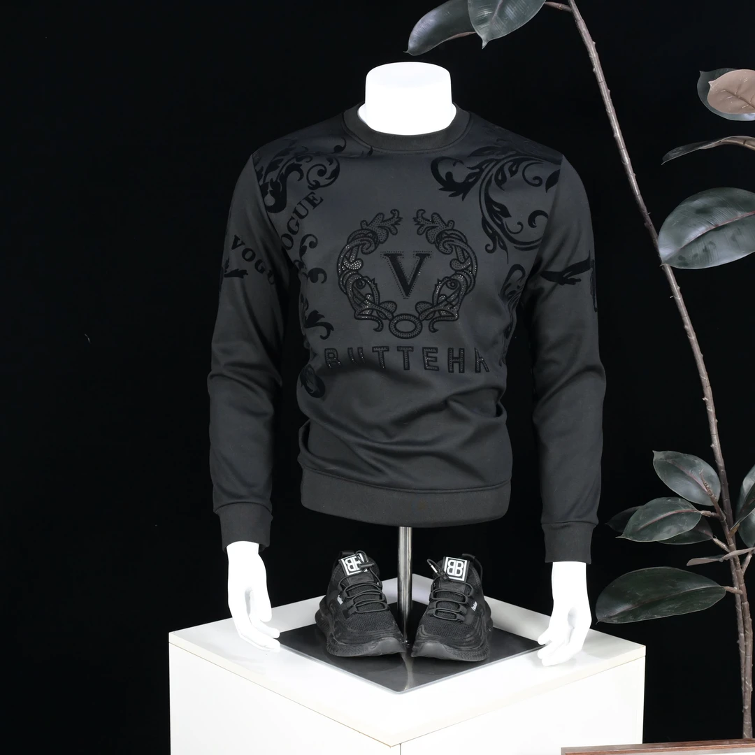 亦姚推荐-春秋轻奢提花男士长袖卫衣圆领保暖打底衫黑色时尚T恤衫