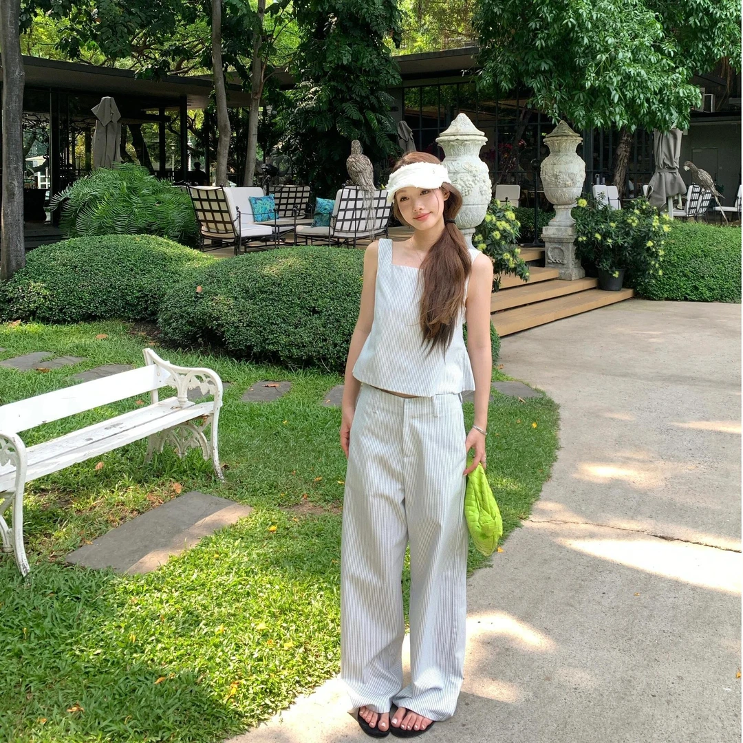 法式设计感条纹背心上衣女夏季2025新款高腰休闲直筒阔腿裤两件套