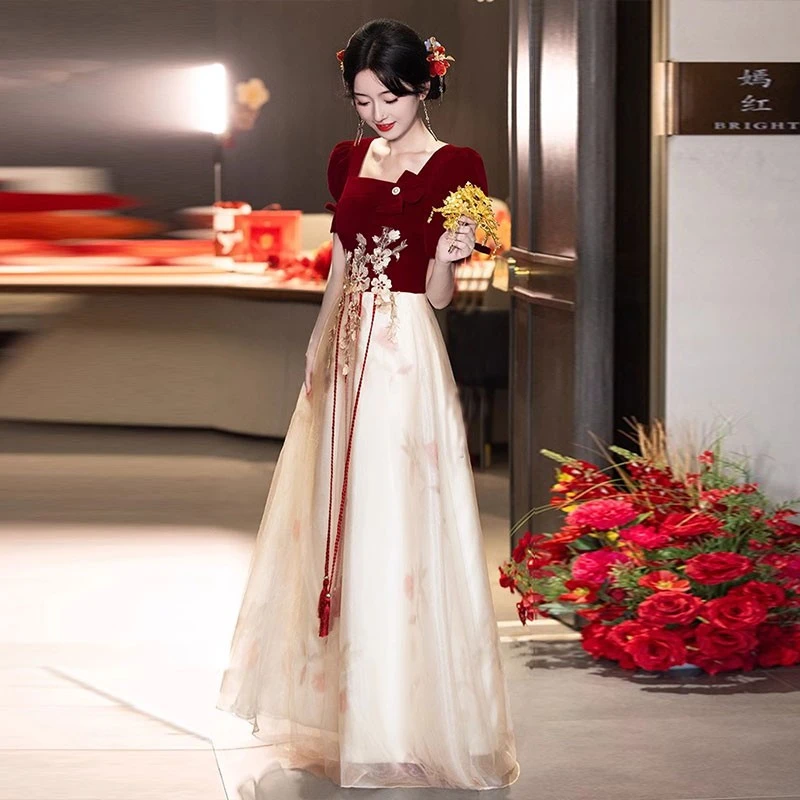 订婚礼服大码胖mm端庄大气敬酒服礼裙连衣裙酒红色长款晚礼服女生