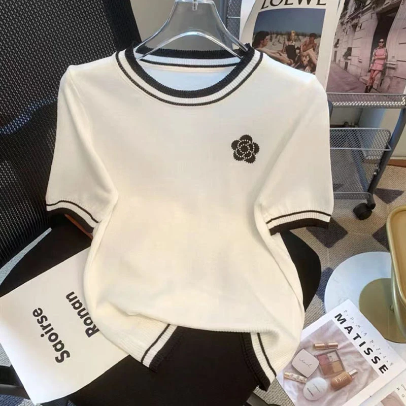 【莱赛尔天丝】~宽松山茶花时尚百搭针织短袖国风夏装上衣女 1083