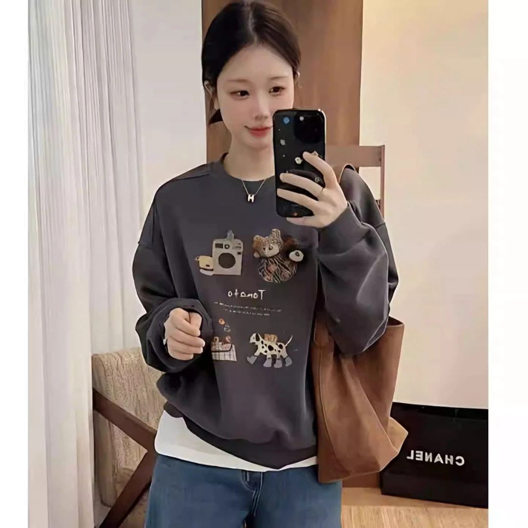 小个子卡通印花长袖卫衣女新款2025爆款时尚洋气秋季宽松圆领上衣