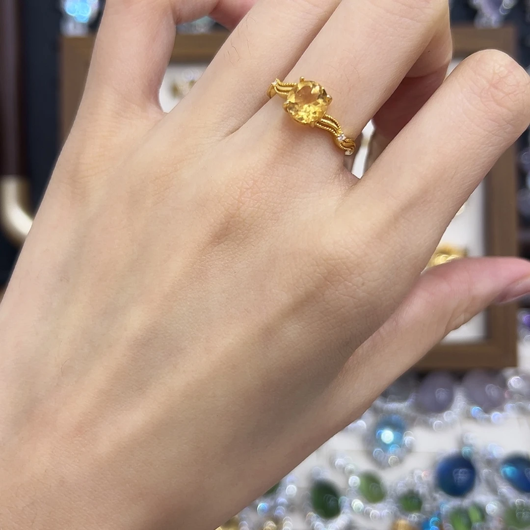 黄晶戒指银S925镀金镶嵌