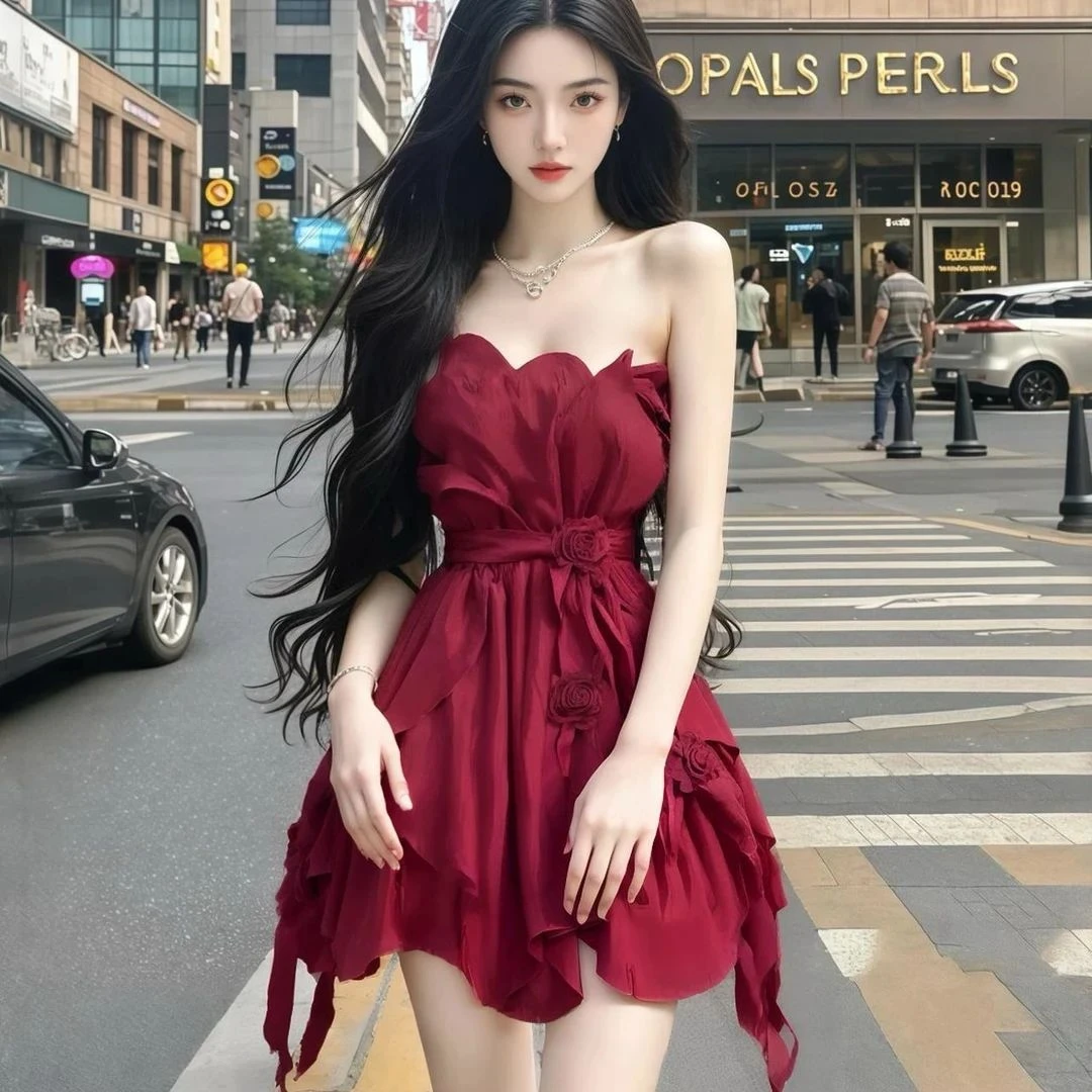 【现货】法式裙子纯欲复古不规则红色玫瑰抹胸连衣裙子女夏辣妹收腰