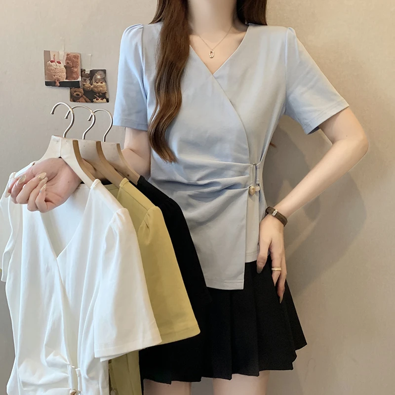 2025夏装新款胖mm大码女气质时尚休闲百搭交叉领不规则短袖T恤