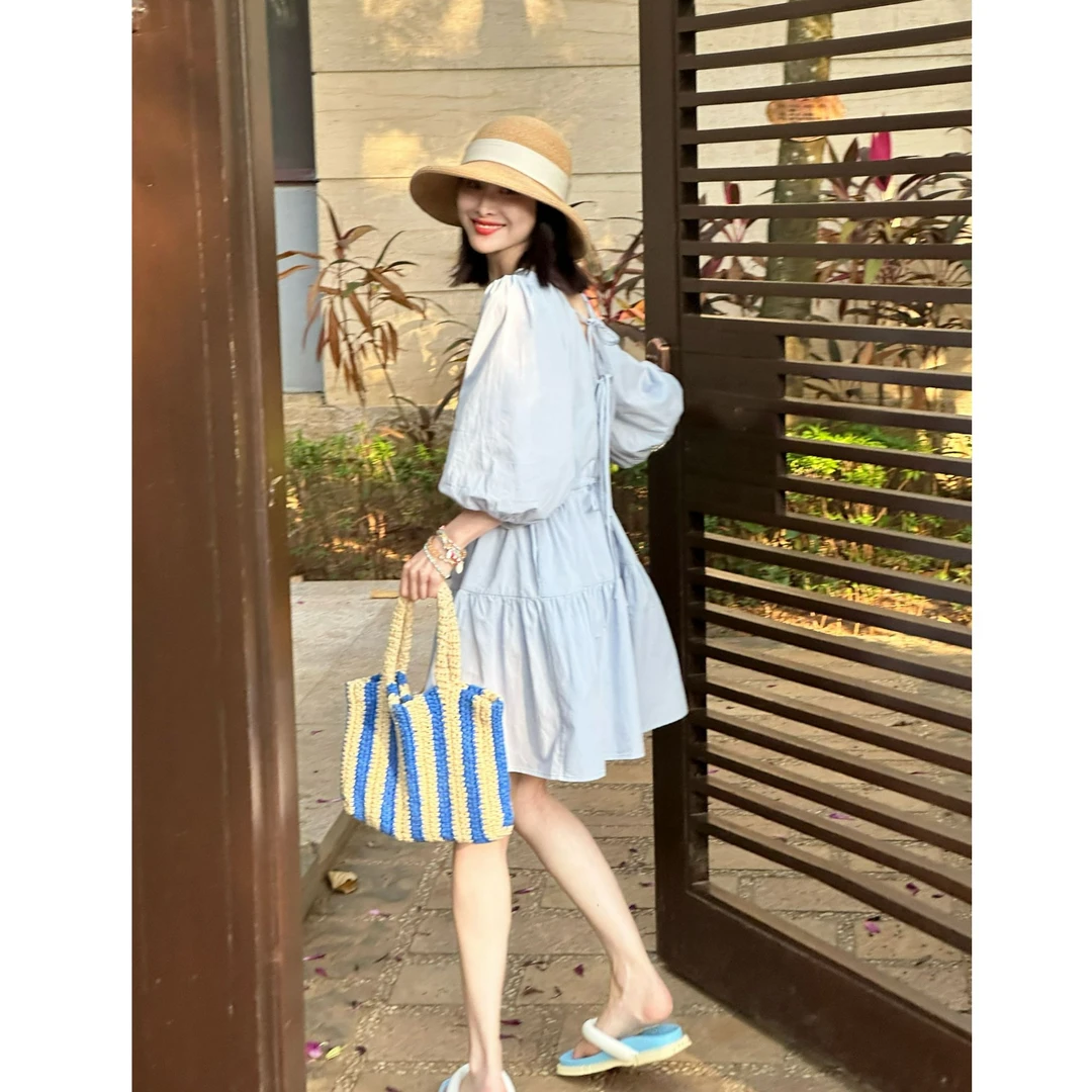 【童话小镇】法式V领短款连衣裙中袖抽绳系带收腰南法度假裙