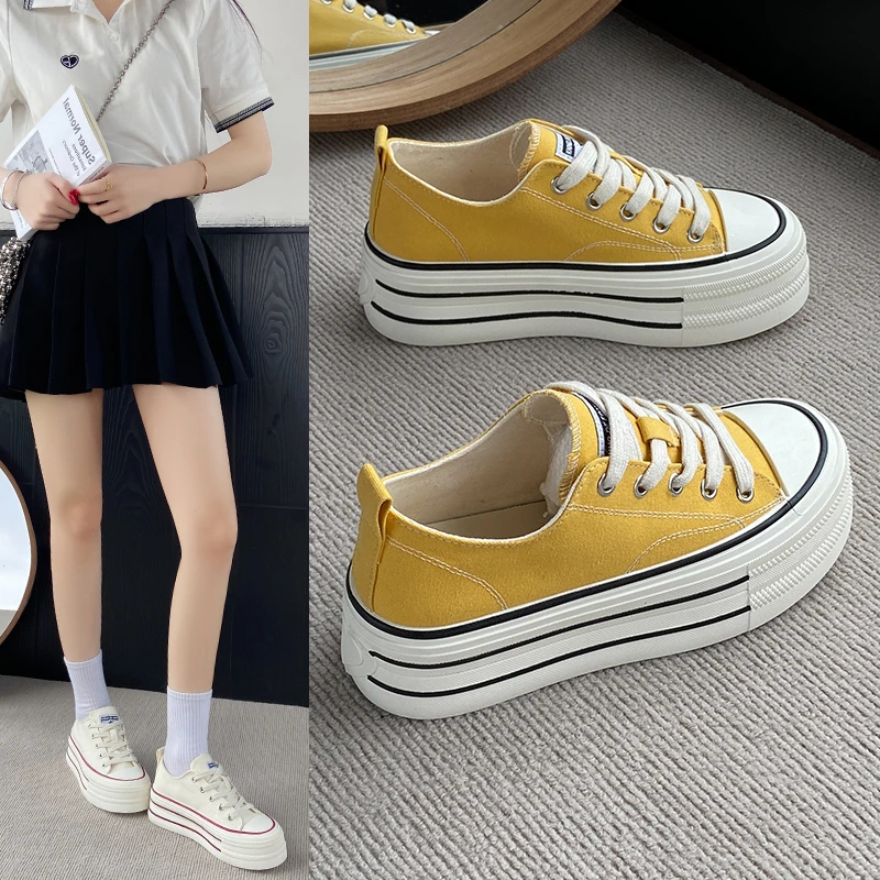 厚底小众帆布鞋女款2025新款夏季薄款小个子学生增高休闲运动板鞋