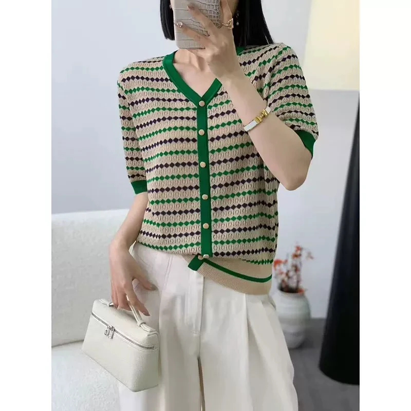 V领开衫短袖2025夏装新款女宽松薄款莱赛尔天丝T恤上衣小香风