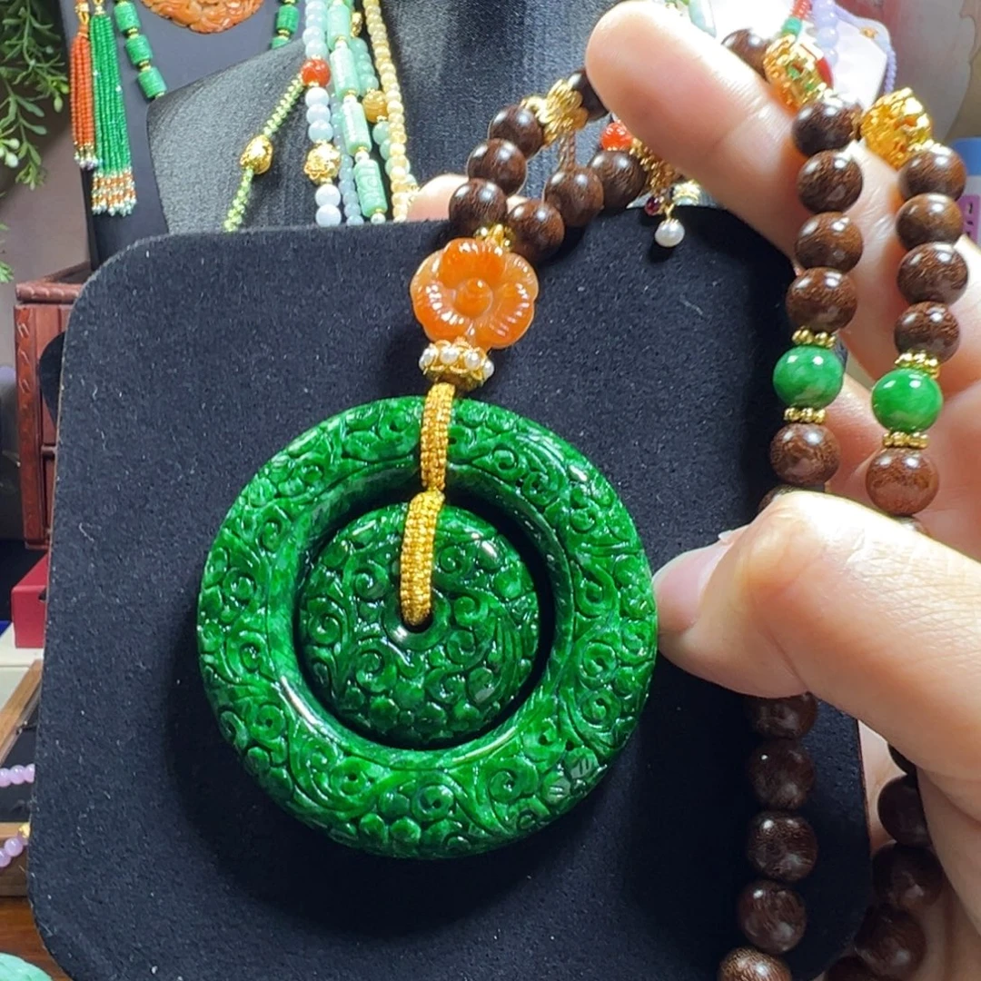 翡翠未镶嵌毛衣链花青辣绿子母扣