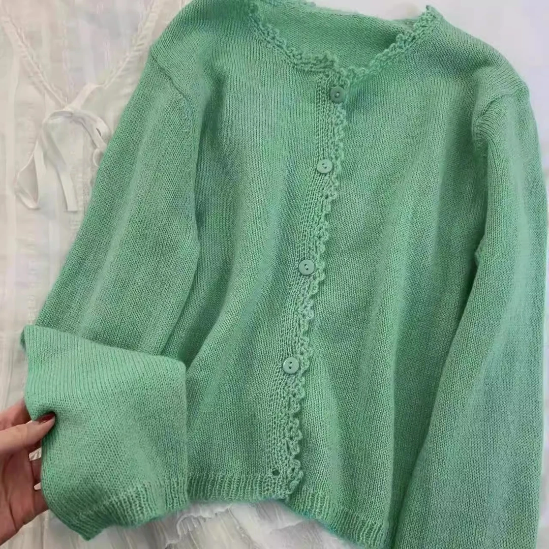 韩系慵懒苹 果绿色浣熊绒毛衣外套女春秋高级感外搭多巴胺针织开