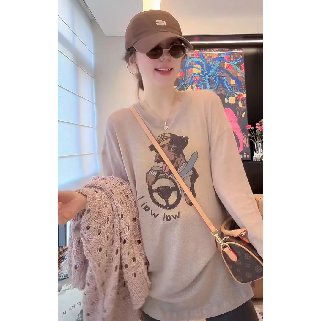 徐靖靖【趣味小狗】印花长袖T恤女透气早秋休闲风穿搭女装2508092